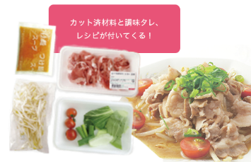 カット済み材料と調味タレ、レシピが付いてくる