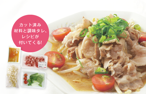 カット済み材料と調味タレ、レシピが付いてくる